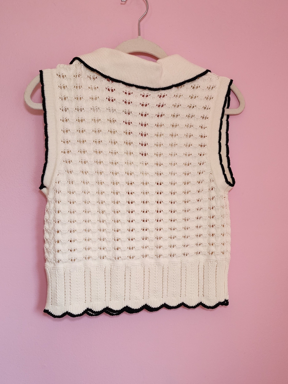 Cream Crochet Sweater Vest Contrast Scalloped Hem Women's Large Cotton Old Money - Picture 5 of 9